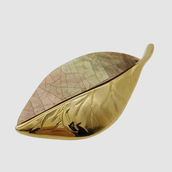 Vintage Signed Liz Claiborne Gold & Brown Pearlized Dual-Textured Leaf Brooc - Picture 4 of 4